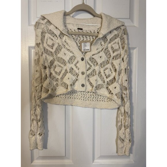 Free People Sedona Cardigan Sweater S Cream Crochet Collared Cropped Open Knit - Picture 11 of 16